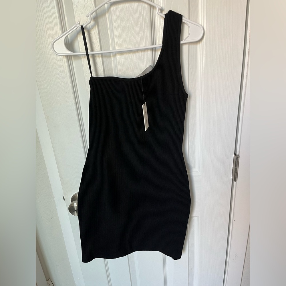 BABATON Black Sculpt Knit Ribbed One Shoulder Dress